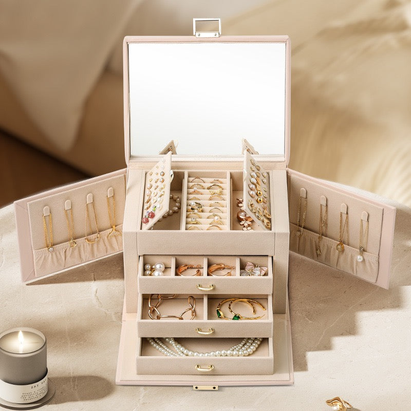 High-end jewelry box, large capacity, with mirror, for storing necklaces, rings, bracelets, and beaded bracelets