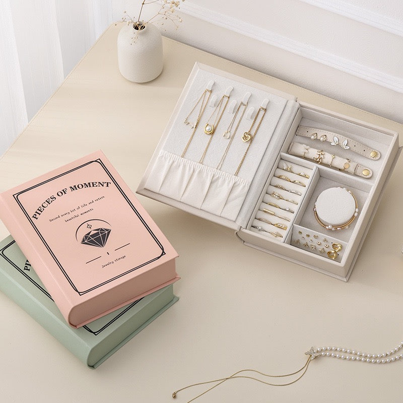 Book and jewelry box, double-layered PU leather multi-functional storage box for watches, rings, earrings, and studs