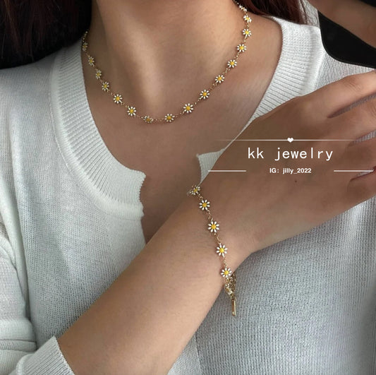 Colored Little Daisies Drop Glaze Flower Bracelet Necklace Set