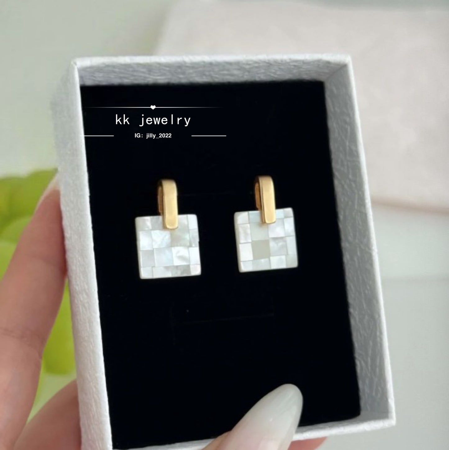 S925 silver needle butterfly shell splicing square stud earrings