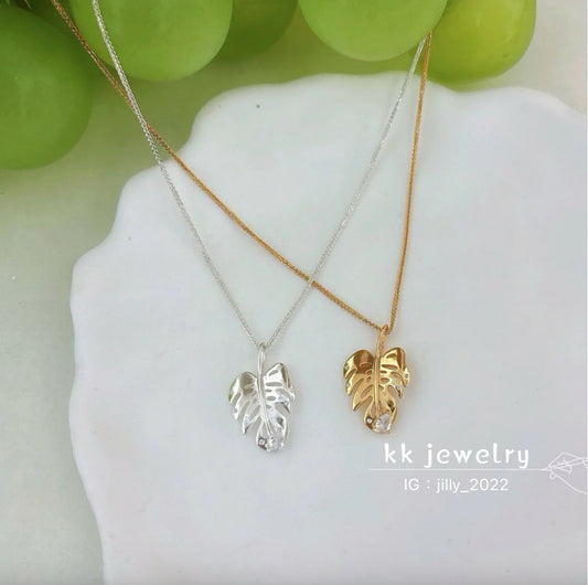 S925 Sterling Silver Gilt Turtle Back Bamboo Leaf Dot Diamond Necklace