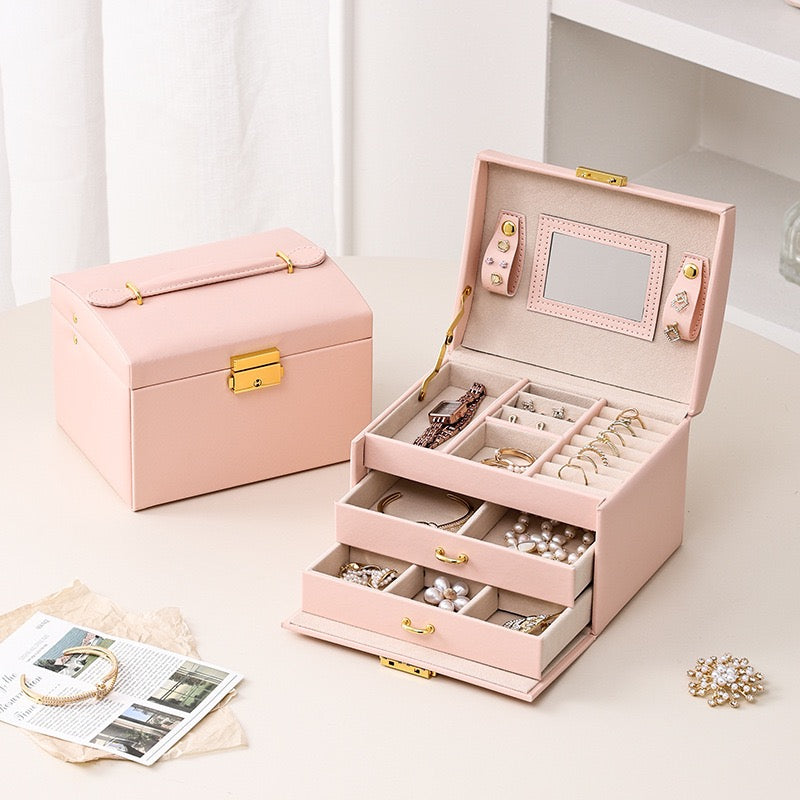 PU leather three-layer portable jewelry box for rings, earrings, necklaces, and other jewelry