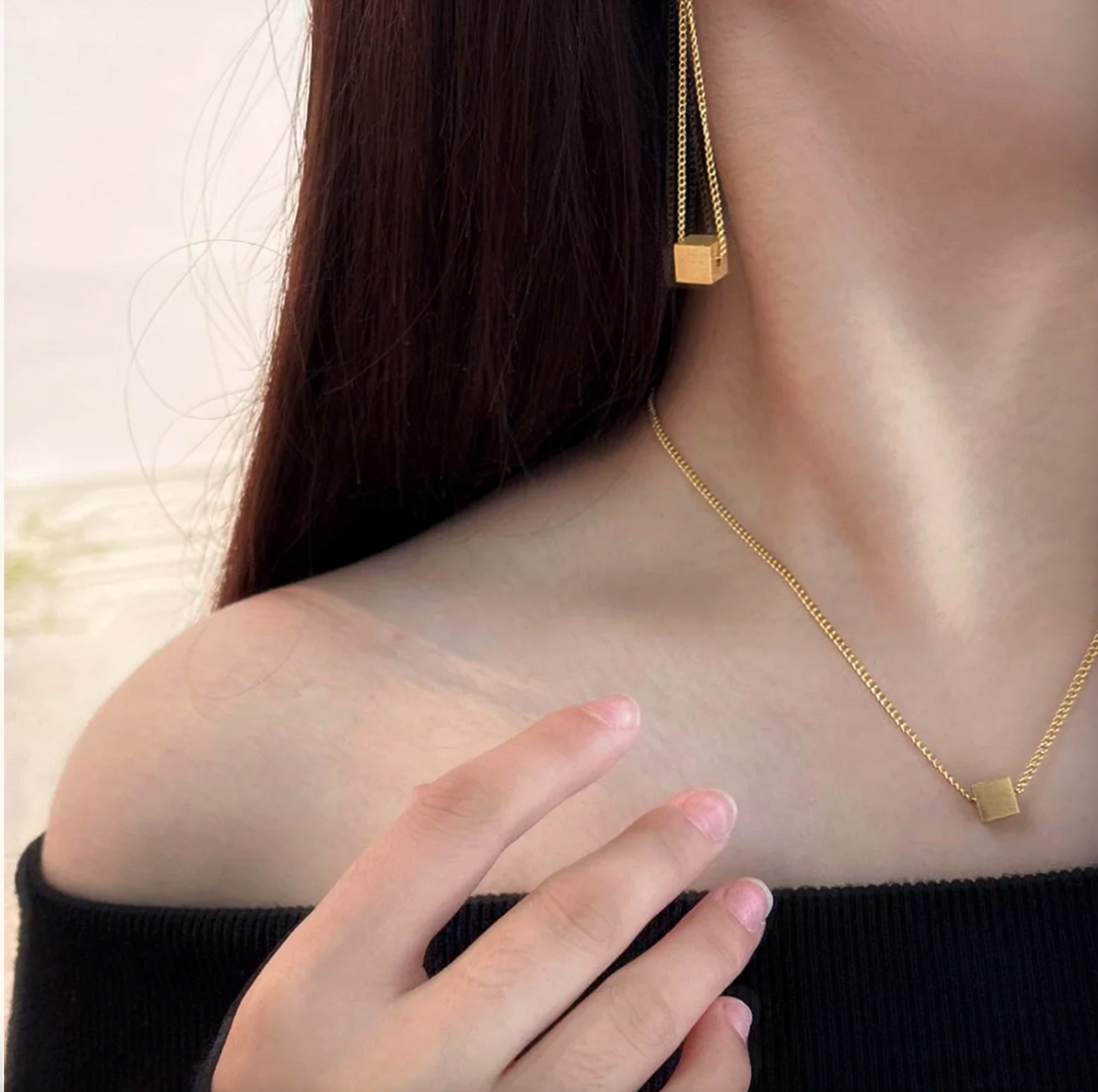 Minimalist Square Brass Brushed Necklace Earrings
