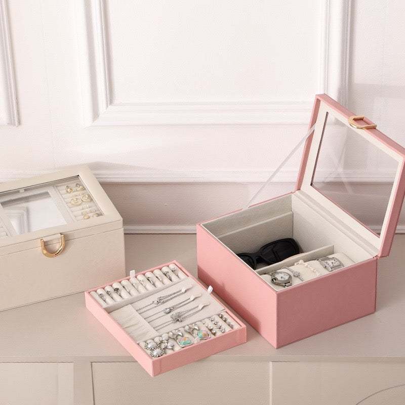 European-style large-capacity jewelry box, PU light luxury minimalist style, mirrored makeup case, includes small jewelry box, jewelry storage box