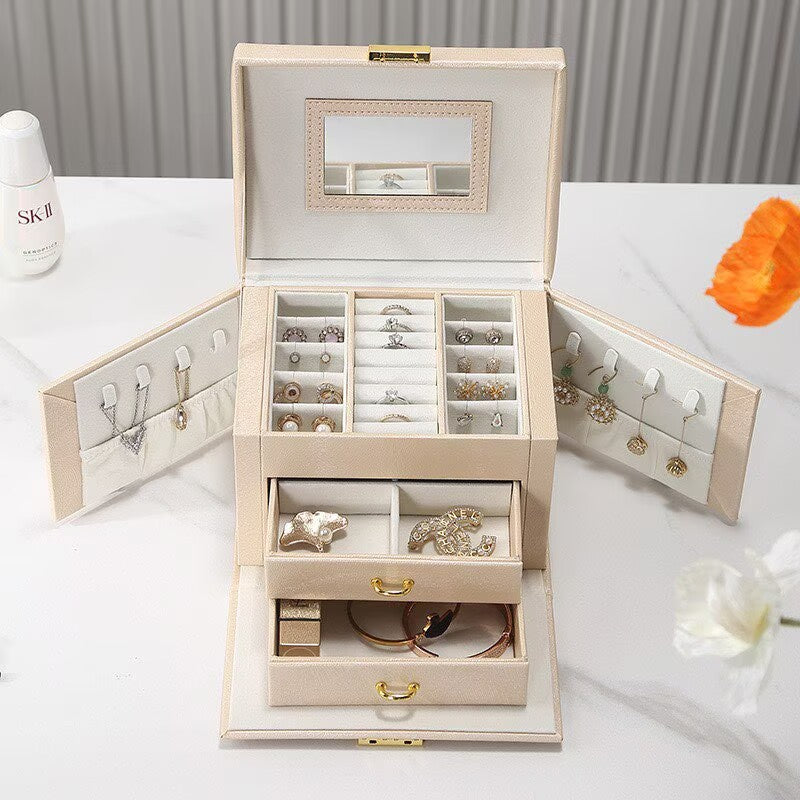PU leather jewelry storage box, large capacity adjustable drawer jewelry box