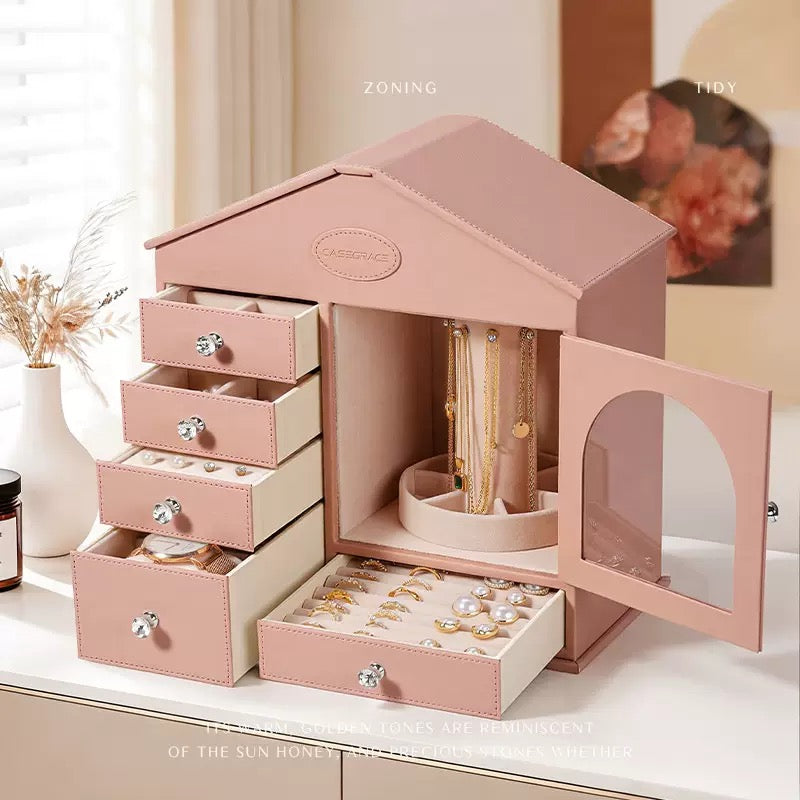 Pink jewelry box, large capacity, high-end style, suitable for home use, for storing necklaces, rings, and earrings