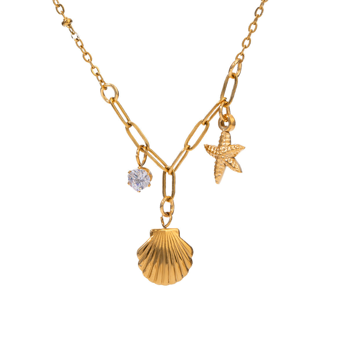 Stainless steel zircon starfish pendant necklace