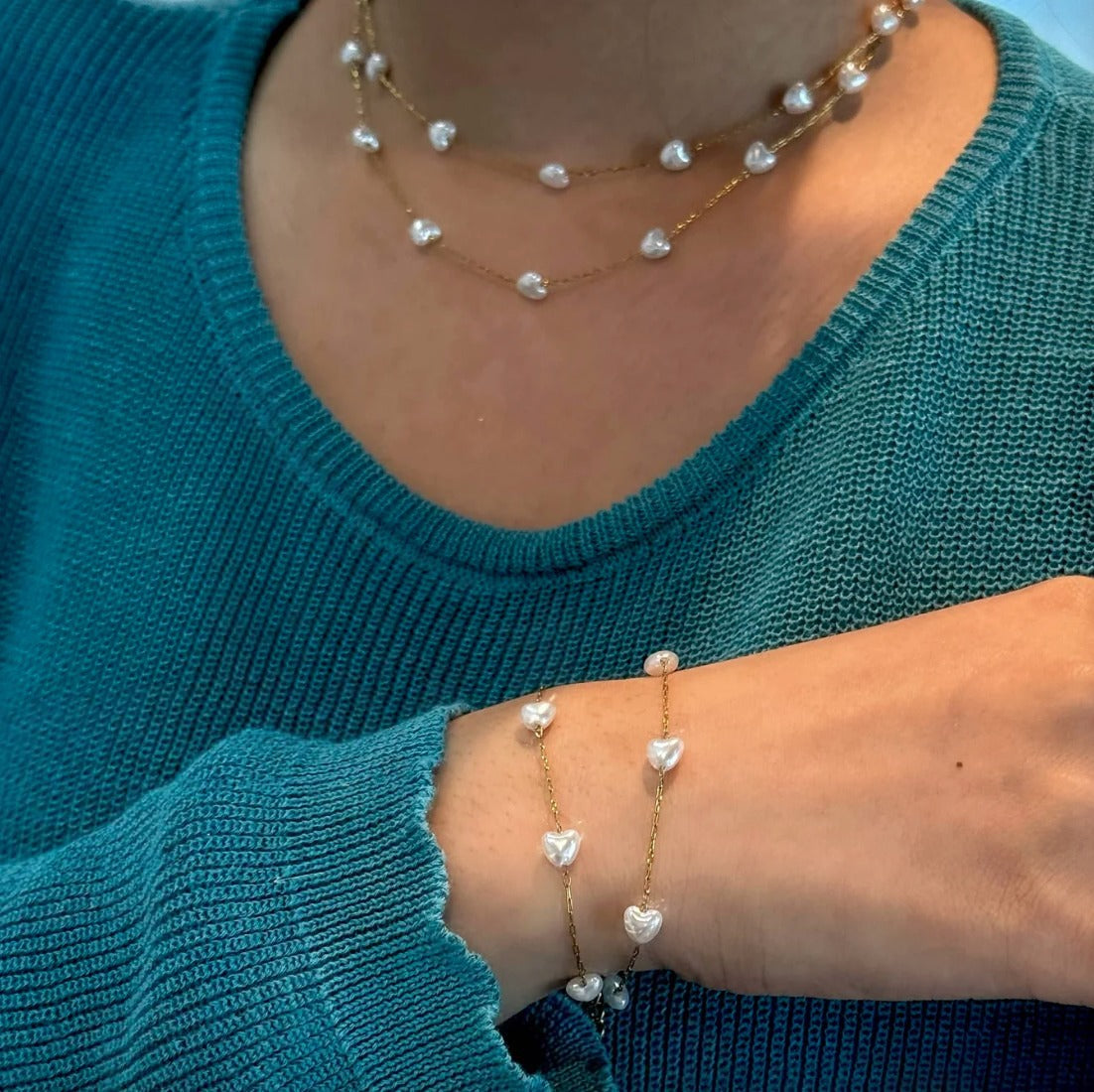 Love imitation pearl double bracelet necklace