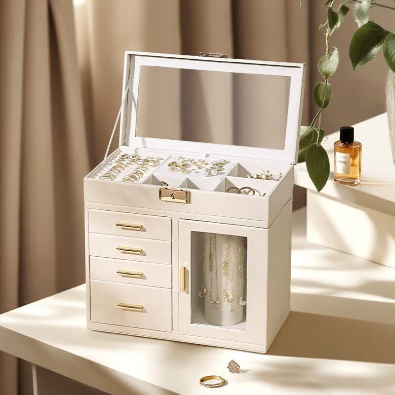 Jewelry storage box with multiple drawers for jewelry, earrings, rings, necklaces, and other jewelry