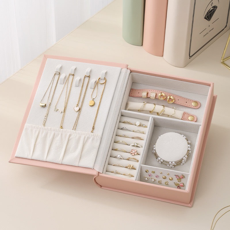 Book and jewelry box, double-layered PU leather multi-functional storage box for watches, rings, earrings, and studs