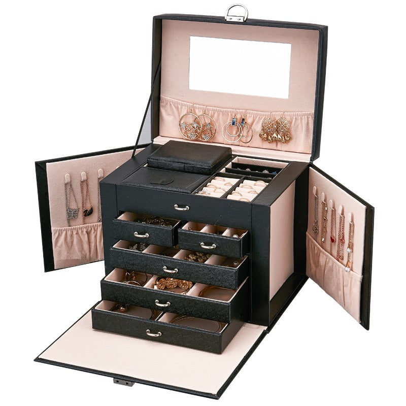 Large capacity five-layer leather cosmetic storage box for jewelry and accessories
