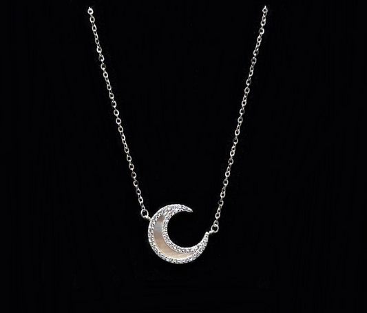 All-over 925 silver natural white mother-of-pearl moon necklace