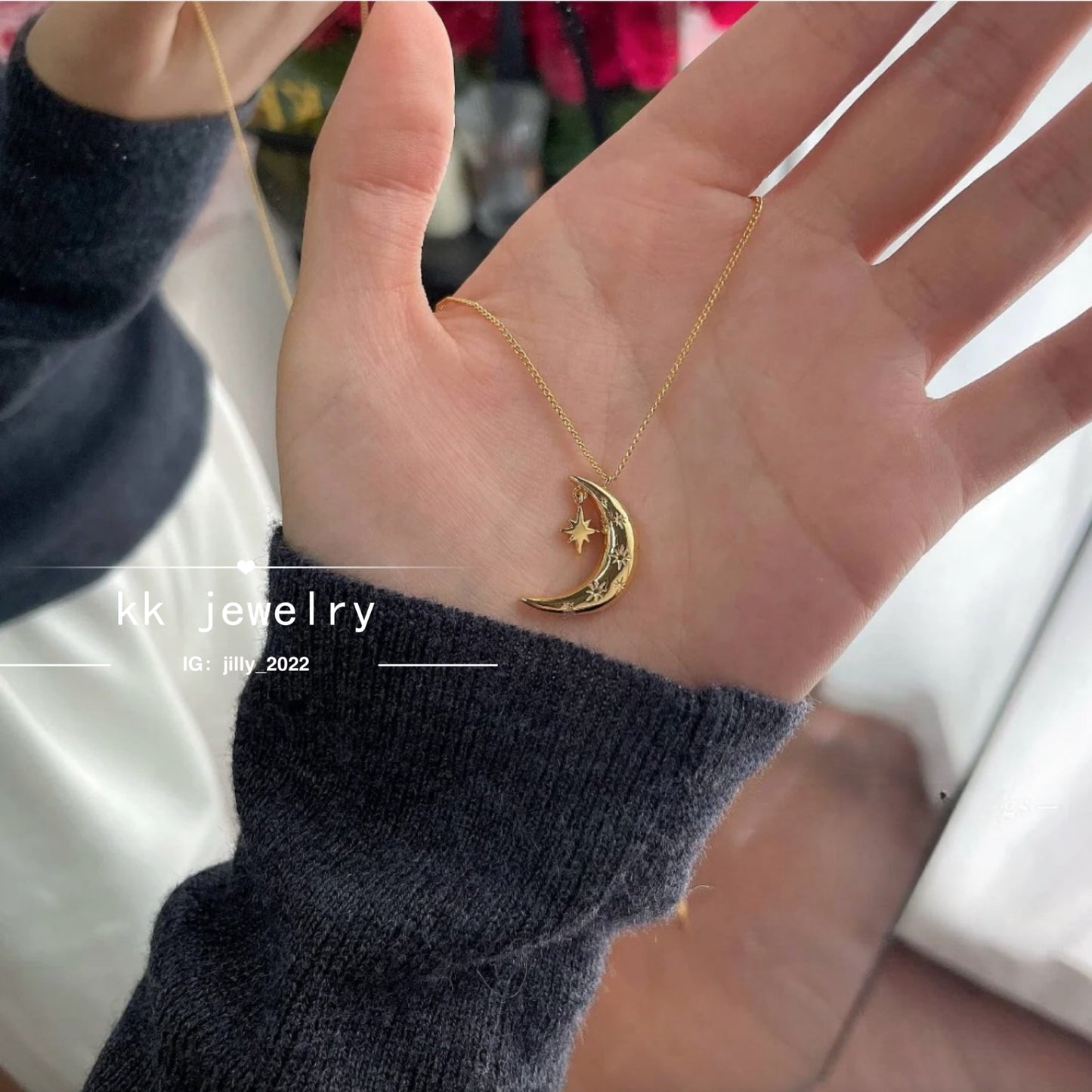 925 Sterling Silver Moon Star Pendant Necklace