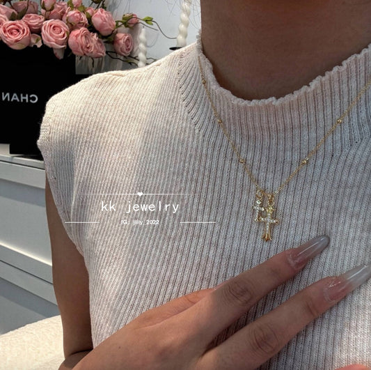 Super Exquisite~ S925 Sterling Silver Gold Double Cross Necklace