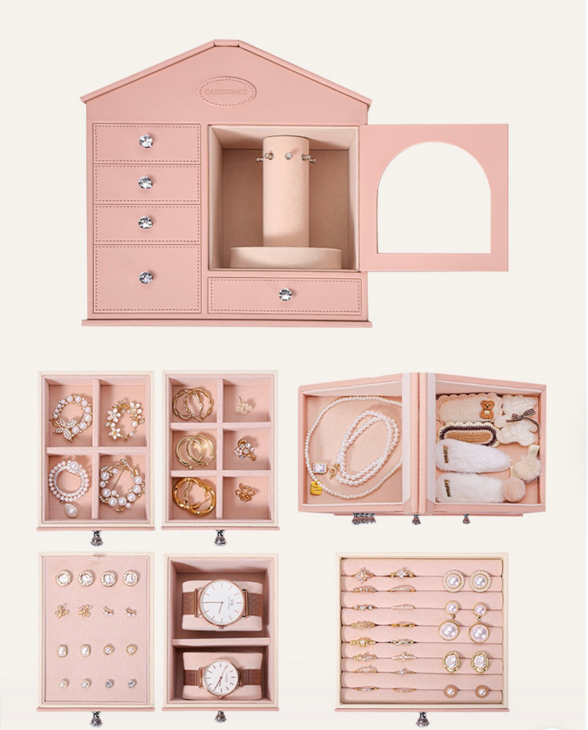 Pink jewelry box, large capacity, high-end style, suitable for home use, for storing necklaces, rings, and earrings