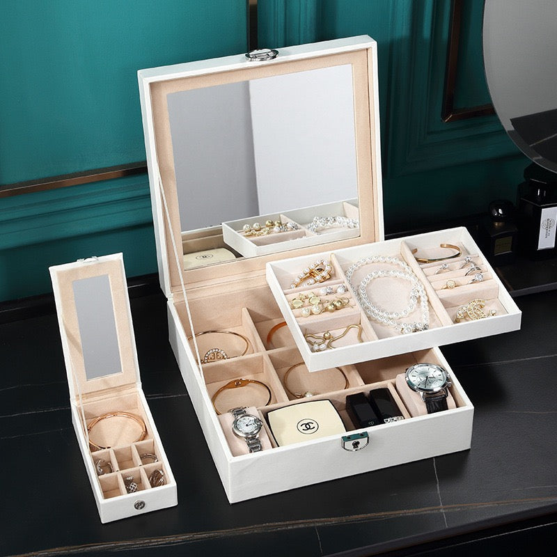 European-style large-capacity jewelry box, PU light luxury minimalist style, mirrored makeup case, includes small jewelry box, jewelry storage box