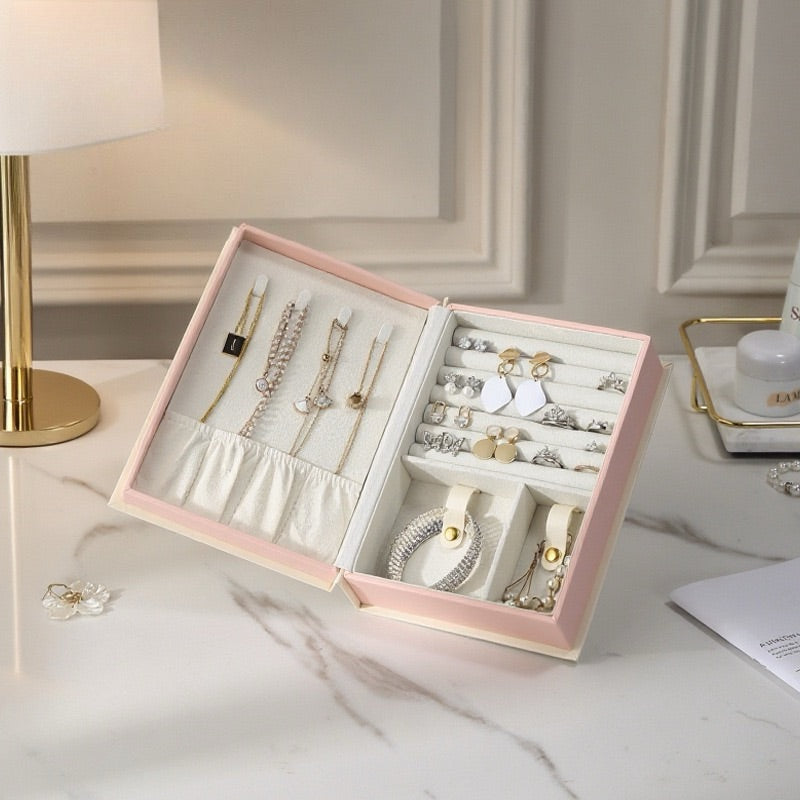 Creative book-style jewelry box for storing rings, necklaces, earrings, and studs; portable and large-capacity jewelry organizer