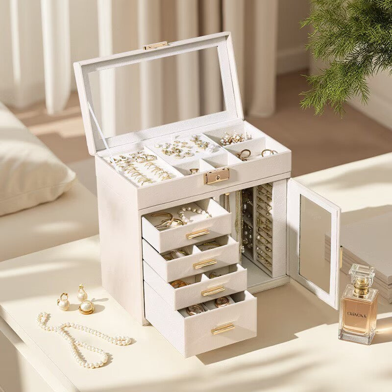 Jewelry storage box with multiple drawers for jewelry, earrings, rings, necklaces, and other jewelry