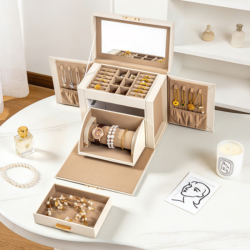 Jewelry box with multiple drawers, large capacity, for home use, including mirrored jewelry, earrings, studs, and necklaces