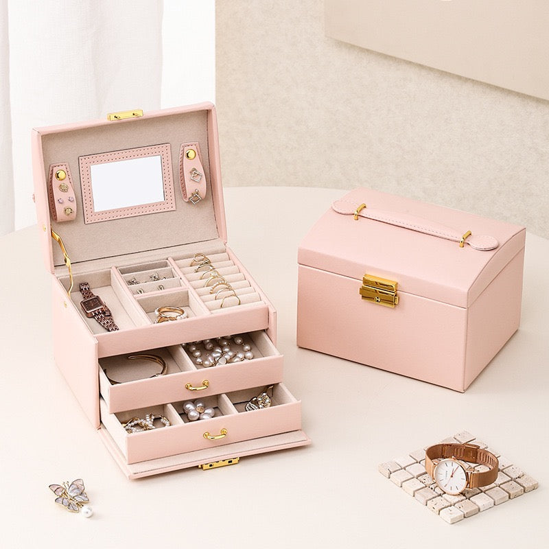 PU leather three-layer portable jewelry box for rings, earrings, necklaces, and other jewelry