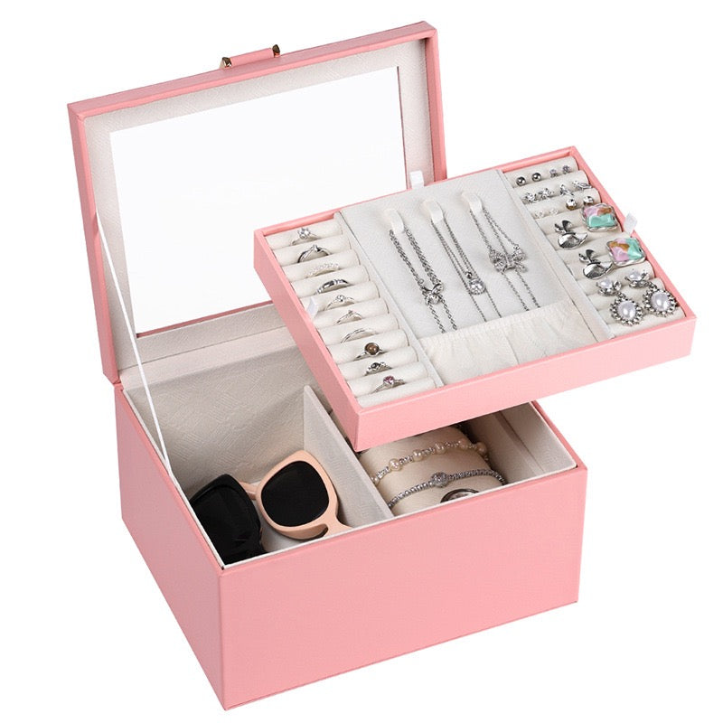 European-style large-capacity jewelry box, PU light luxury minimalist style, mirrored makeup case, includes small jewelry box, jewelry storage box