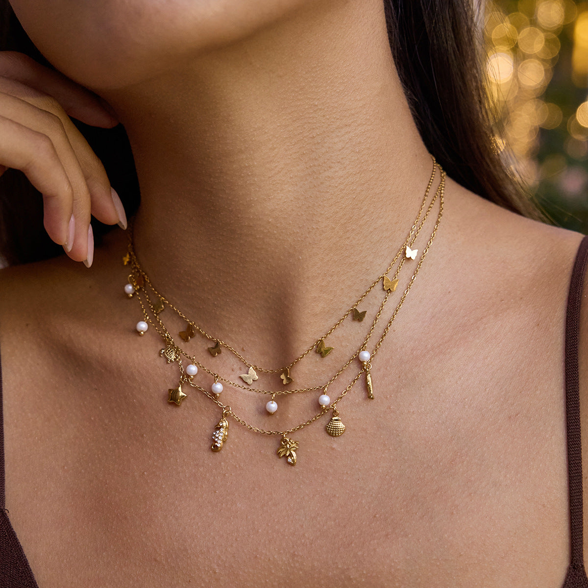 Titanium steel tassel stacked necklace