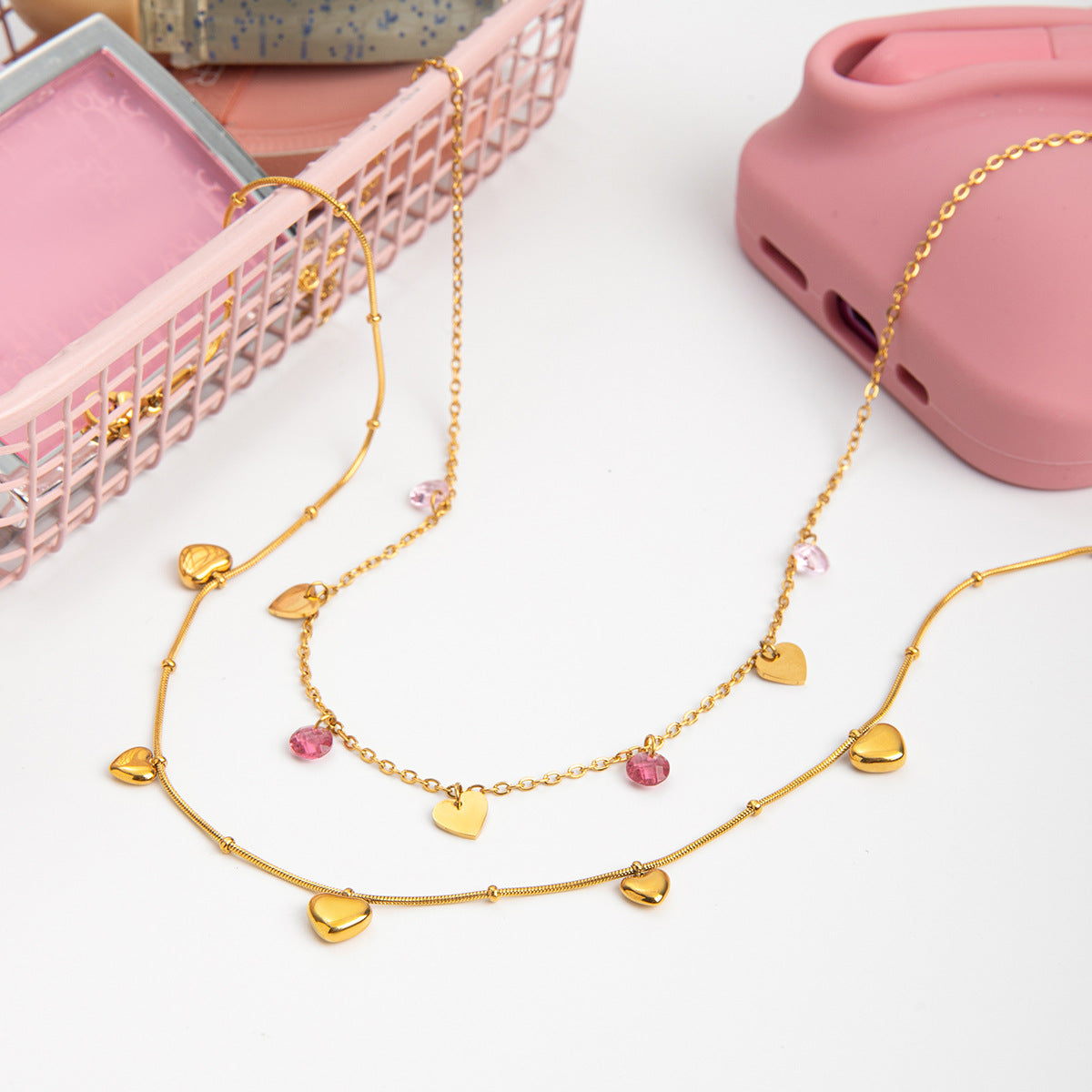 Stainless steel colored love pendant stacked necklace