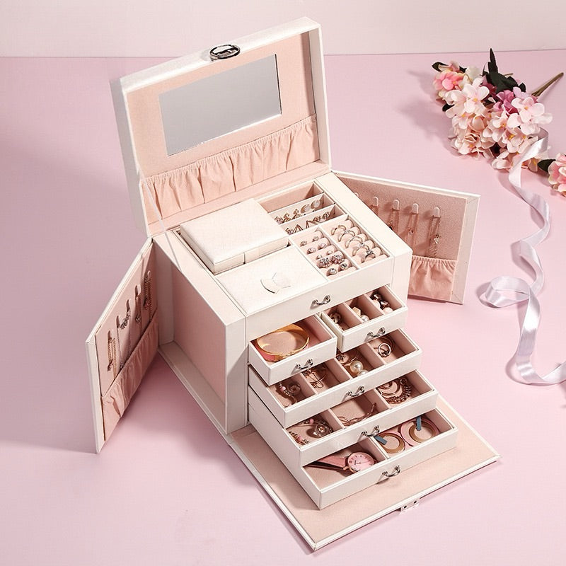 Large capacity five-layer leather cosmetic storage box for jewelry and accessories