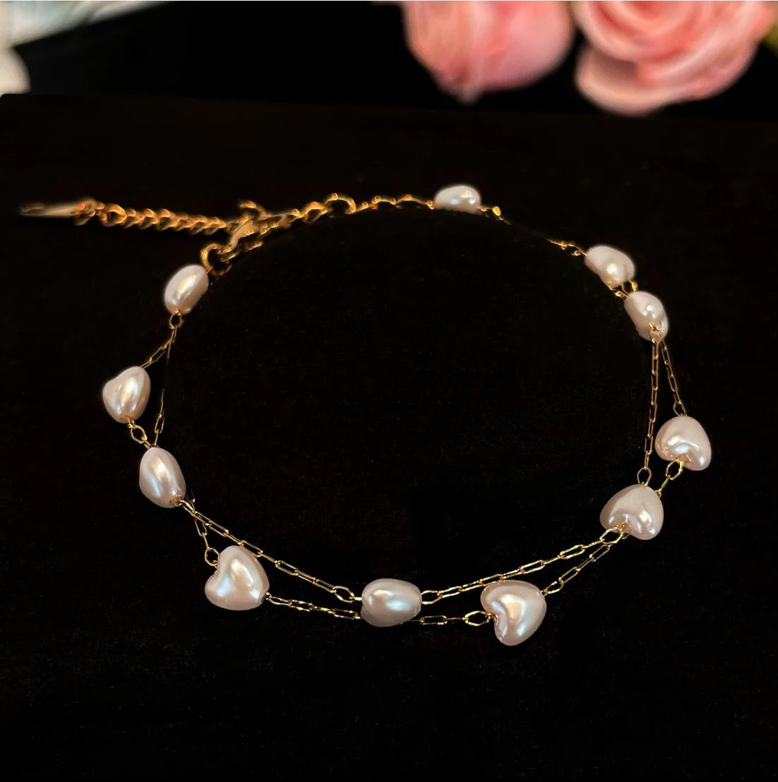 Love imitation pearl double bracelet necklace