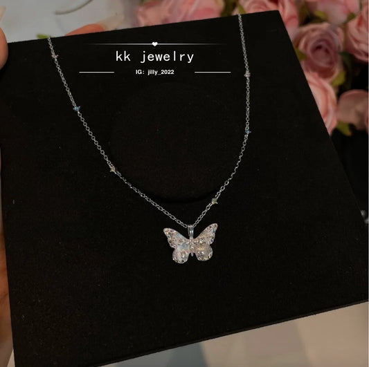 S925 whole body sterling silver colored diamond brushed butterfly necklace