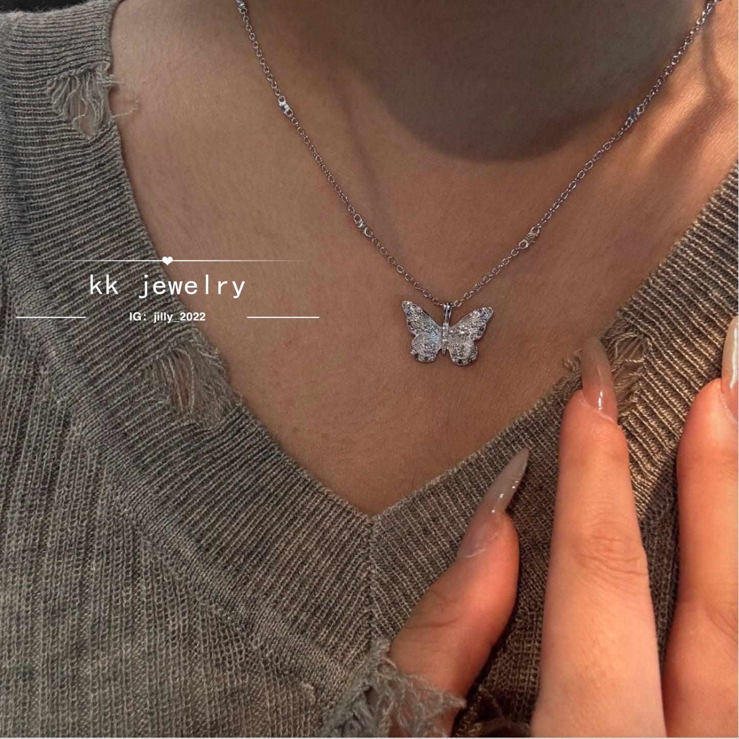 S925 whole body sterling silver colored diamond brushed butterfly necklace