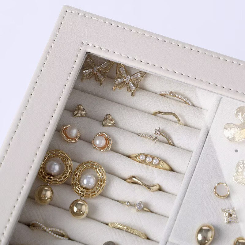 Jewelry storage box with multiple drawers for jewelry, earrings, rings, necklaces, and other jewelry