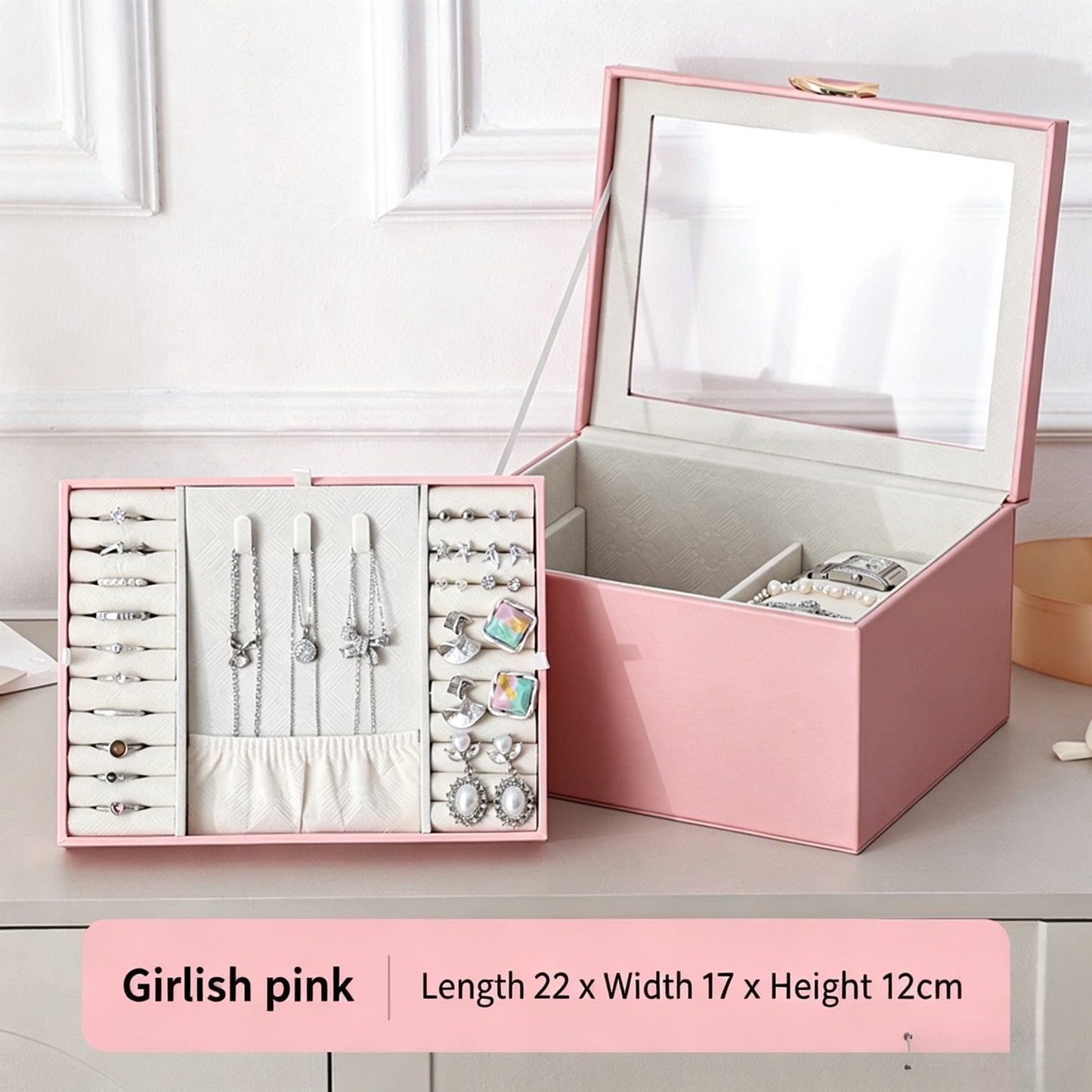 European-style large-capacity jewelry box, PU light luxury minimalist style, mirrored makeup case, includes small jewelry box, jewelry storage box