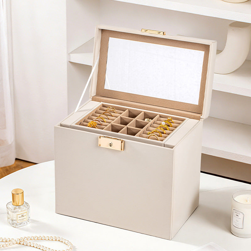 Jewelry box with multiple drawers, large capacity, for home use, including mirrored jewelry, earrings, studs, and necklaces