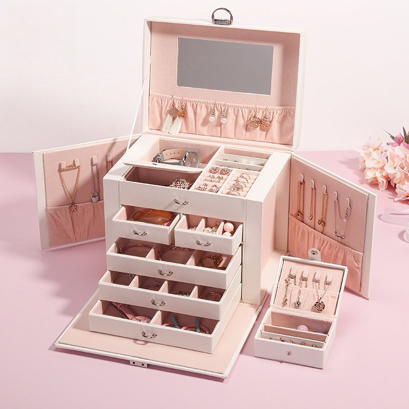 Large capacity five-layer leather cosmetic storage box for jewelry and accessories