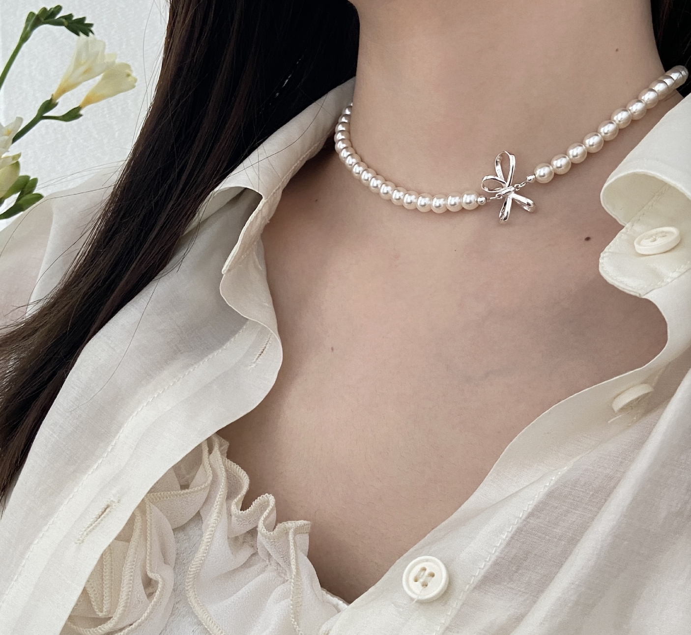 925 Silver Sweet Bow Pearl Necklace