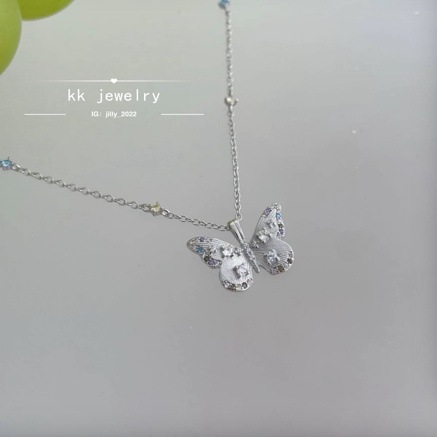 S925 whole body sterling silver colored diamond brushed butterfly necklace