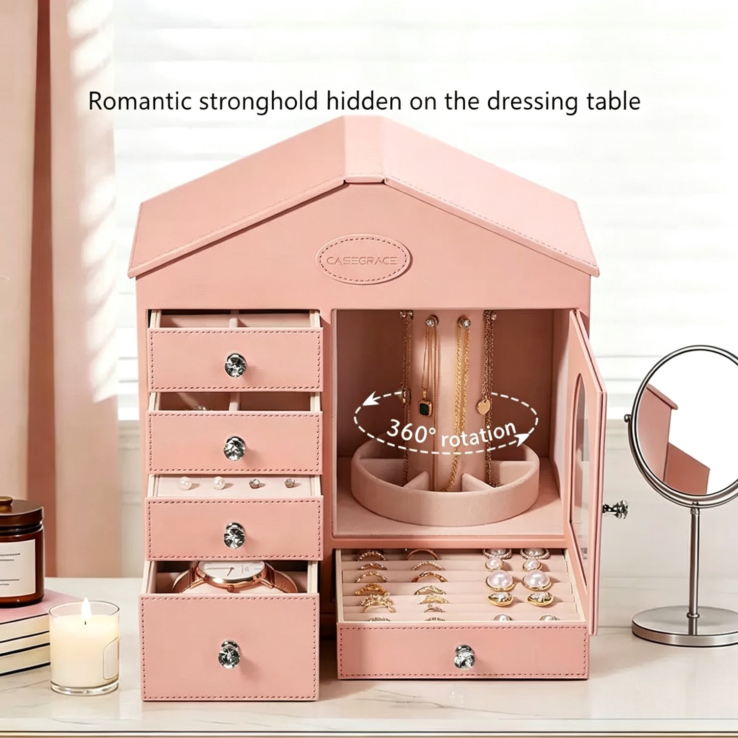 Pink jewelry box, large capacity, high-end style, suitable for home use, for storing necklaces, rings, and earrings