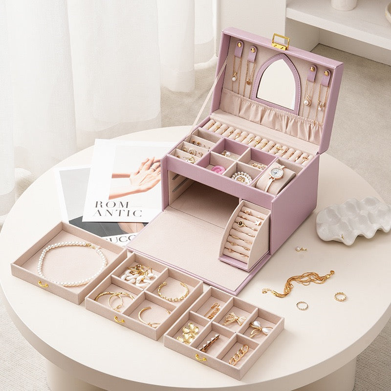 High-end multi-layered jewelry box, large capacity desktop jewelry box, necklace, earring, stud ring storage box