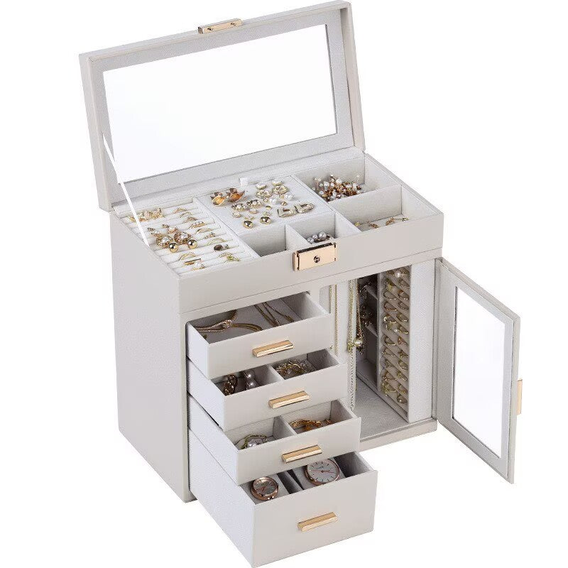 Jewelry storage box with multiple drawers for jewelry, earrings, rings, necklaces, and other jewelry