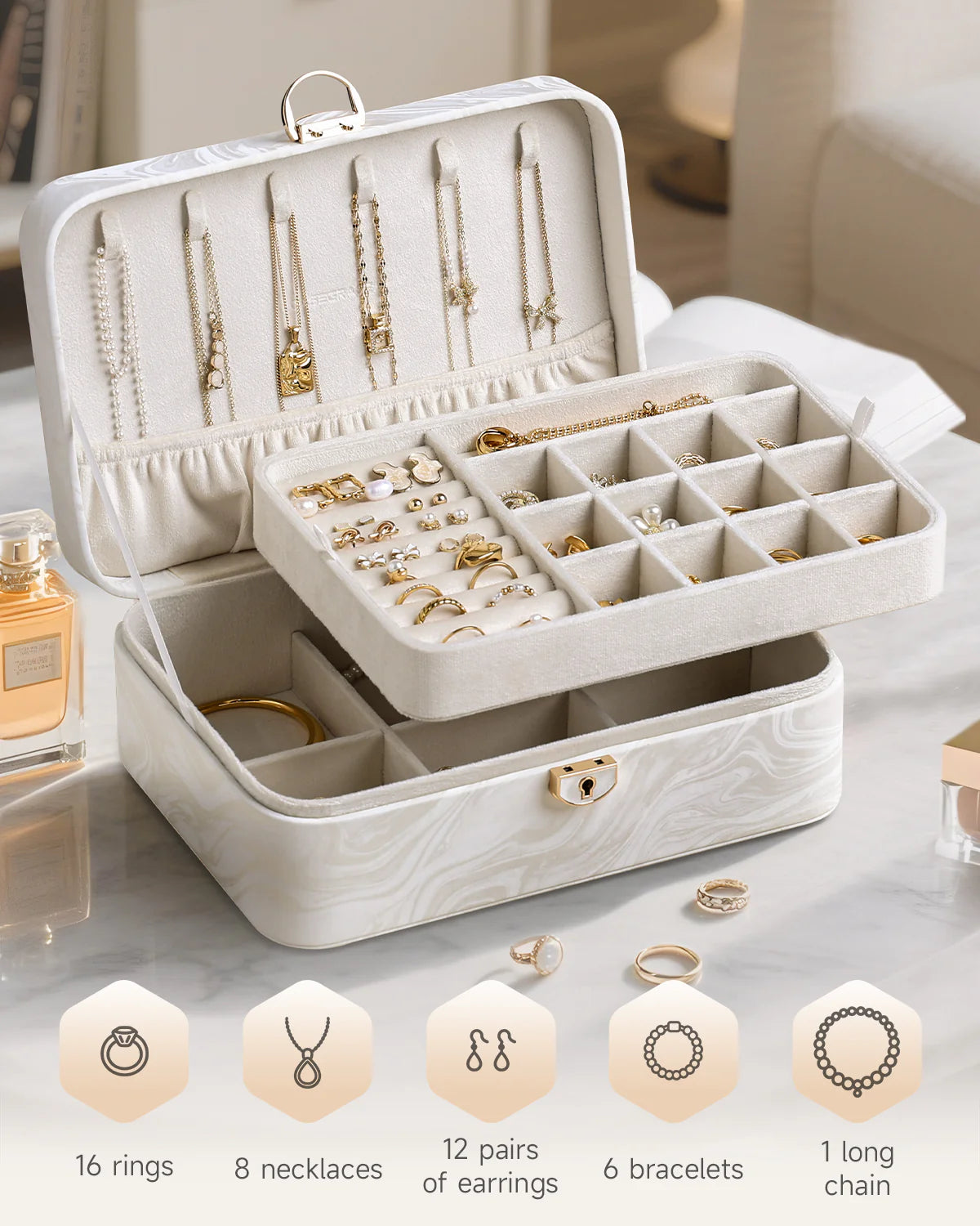 New high-end jewelry box, two-layer jewelry box, earring, necklace, and ring box, home jewelry storage box