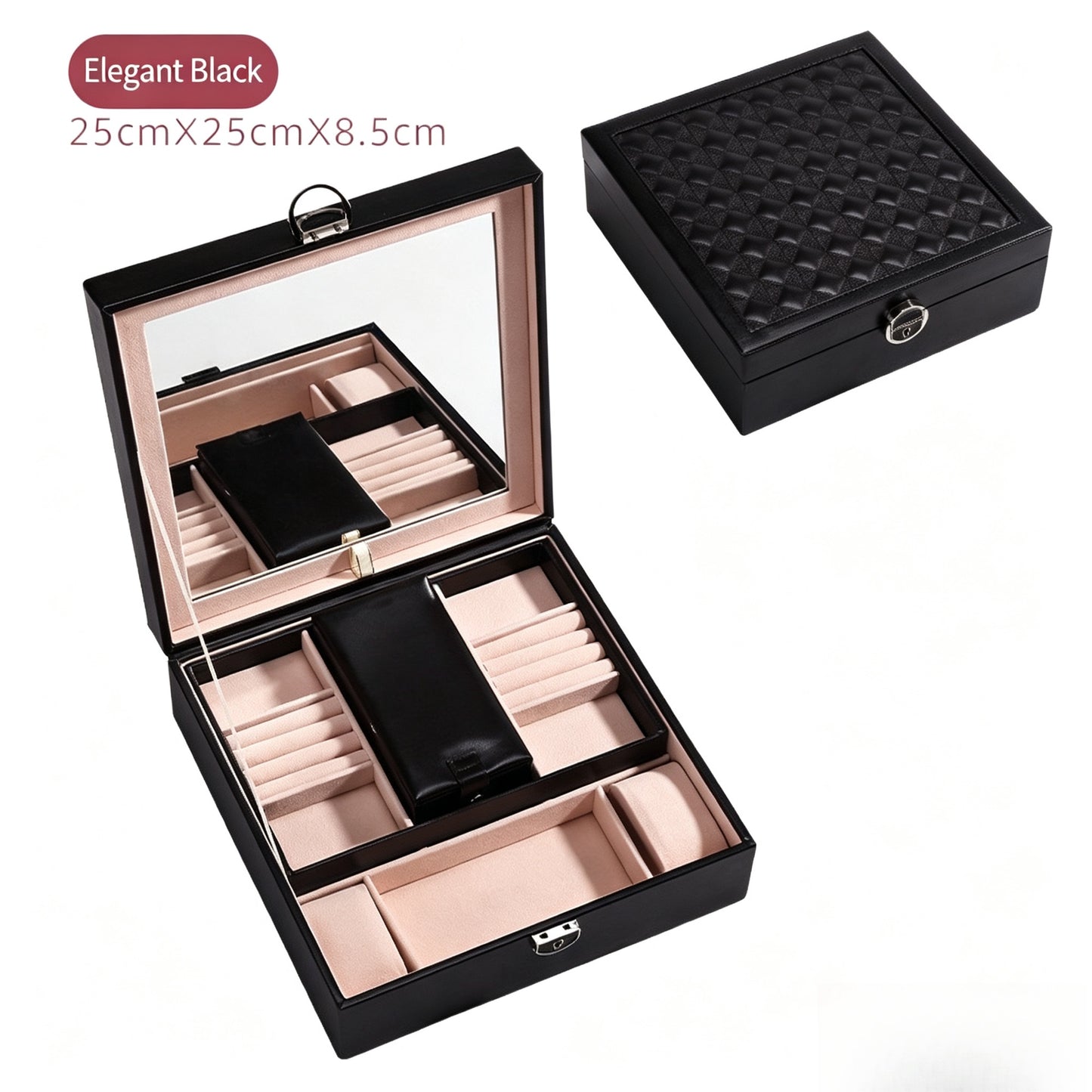 European-style large-capacity jewelry box, PU light luxury minimalist style, mirrored makeup case, includes small jewelry box, jewelry storage box