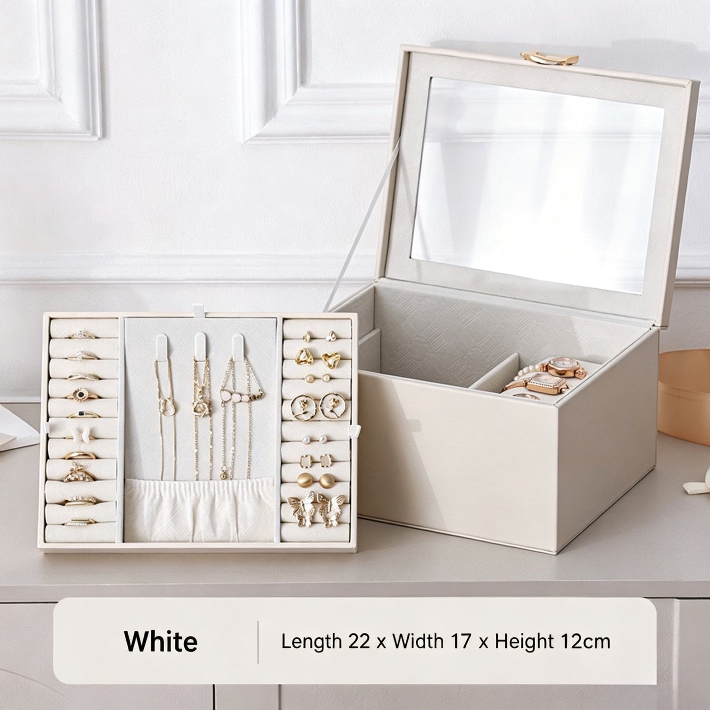 European-style large-capacity jewelry box, PU light luxury minimalist style, mirrored makeup case, includes small jewelry box, jewelry storage box