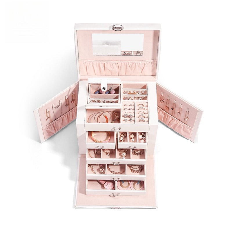Large capacity five-layer leather cosmetic storage box for jewelry and accessories