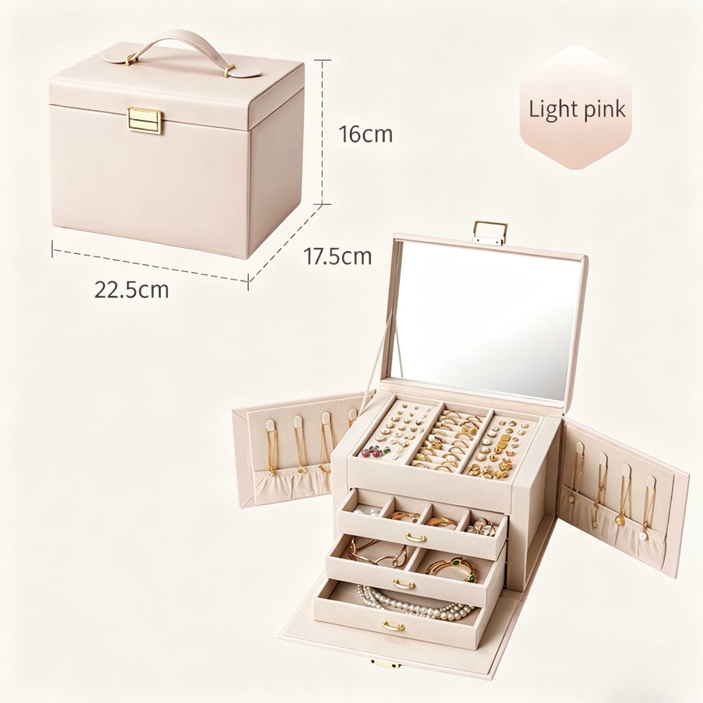High-end jewelry box, large capacity, with mirror, for storing necklaces, rings, bracelets, and beaded bracelets