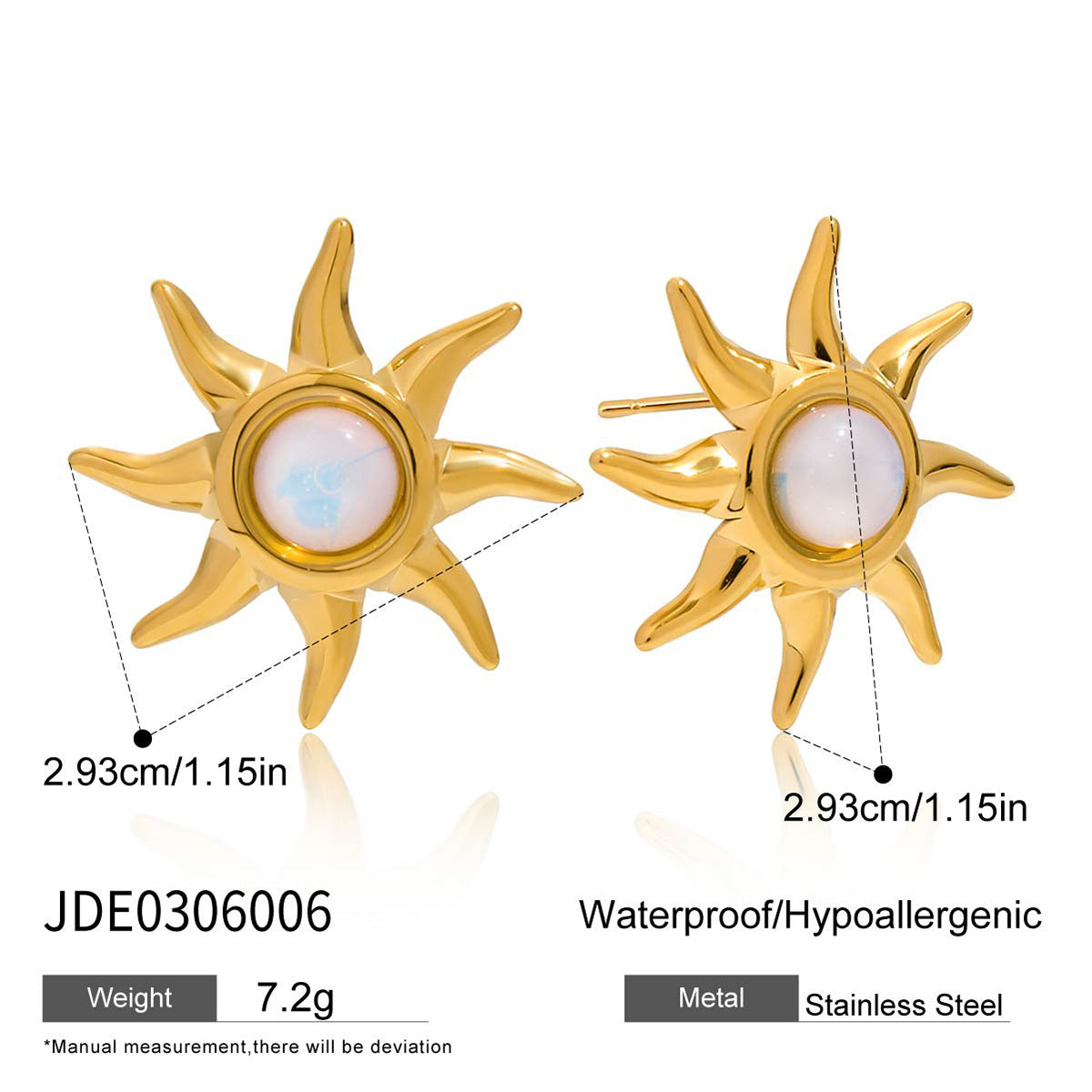 Sun stud earrings necklace stainless steel set