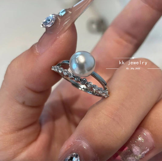 Double Diamond Pearl Open Ring