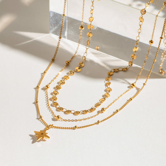 Stainless steel tetragonal star pendant three-layer necklace