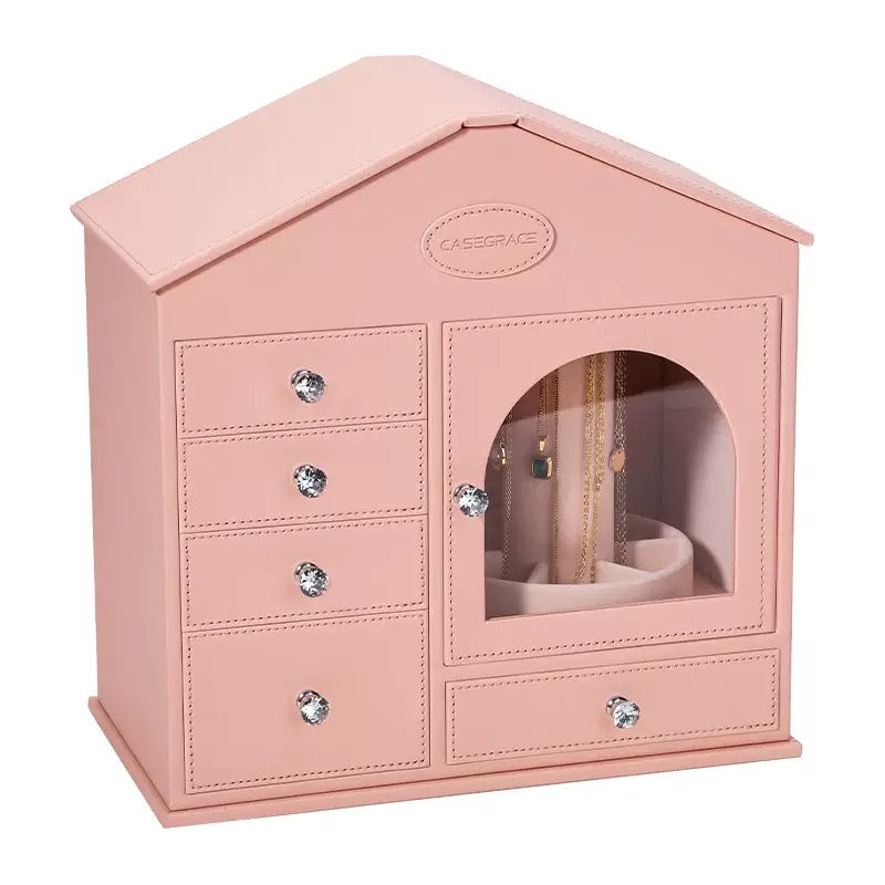 Pink jewelry box, large capacity, high-end style, suitable for home use, for storing necklaces, rings, and earrings