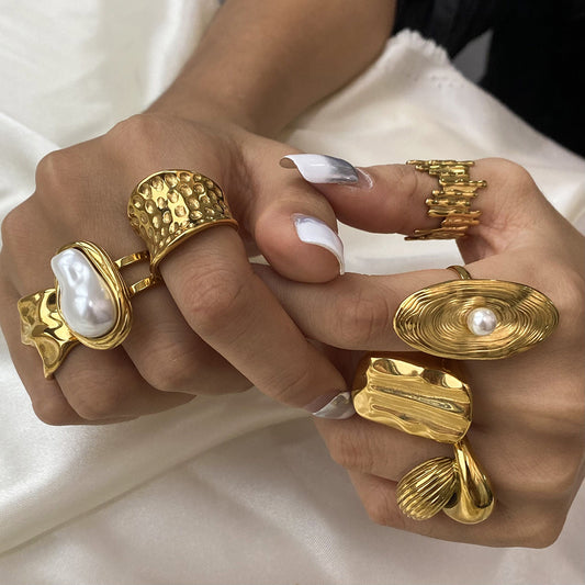Stainless steel gold pearl ring